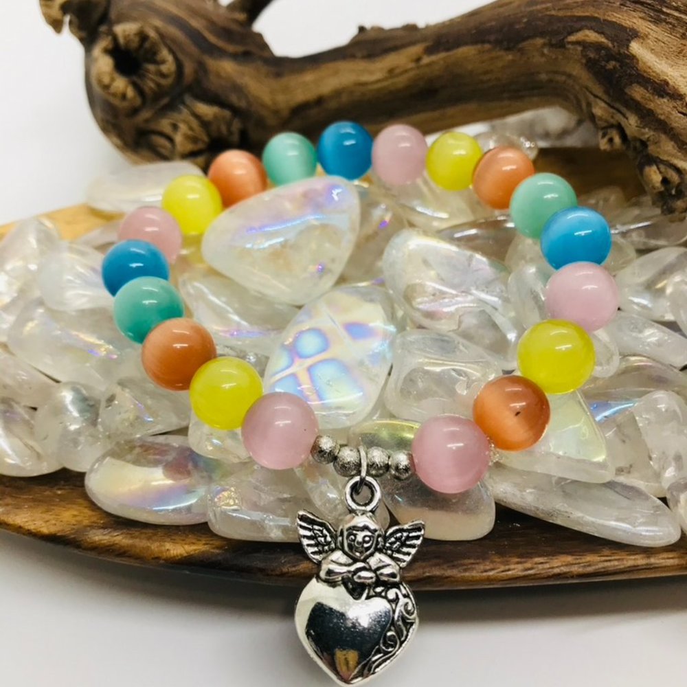 Rainbow Cat Eye Bracelet with Chrarm